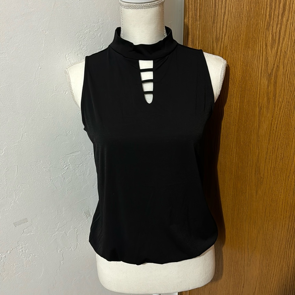 Shiela Rose black mock neck sleeveless blouse w strap detail S